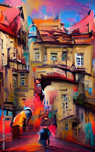 Wall art paining in oil mixed style, stock, contemporary impressionism artwork for sale, vibrant abstract art, colorful brush strokes, print for interior. European city old street and houses, tourism