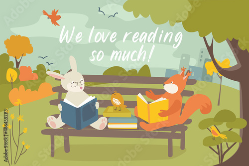 Cute animals reading books concept background. Pets love to read. Owl, raccoon, squirrel and hedgehog sitting with books near house in tree in green forest. Vector illustration in flat cartoon design