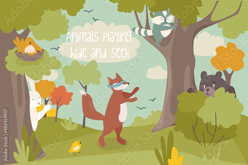 Animals playing hide and seek concept background. Cute pets play game. Blindfolded fox is catching  bear  rabbit and raccoon peek out from hiding places. Vector illustration in flat cartoon design