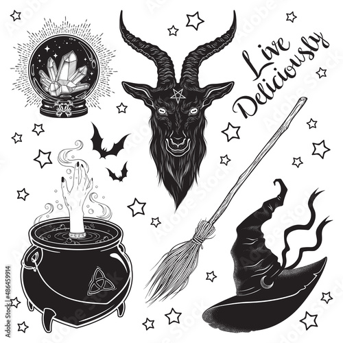 Magic set black phillip goat, crystal ball, cauldron, broom and pointy hat hand drawn art isolated. Antique style boho chic sticker, patch, blackwork flash tattoo or print design vector illustration photo