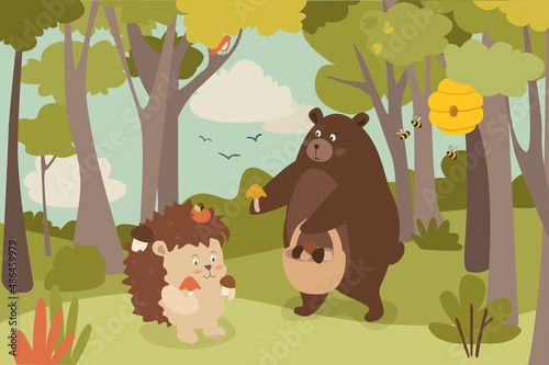Animals gathering mushroom concept background. Cute bear and hedgehog collecting mushrooms in basket at edge of autumn forest. Pets harvesting food together. Vector illustration in flat cartoon design