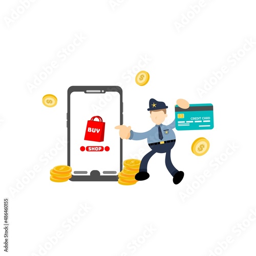 police security and store online shop credit card payment cartoon flat design illustration