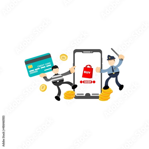 police burglar and store online shop credit card payment cartoon flat design illustration
