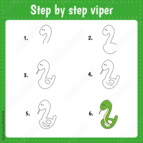Drawing lesson for children. How draw a viper. Drawing tutorial for kids. Step by step repeats the picture. Kids activity art page for book. Vector illustration.