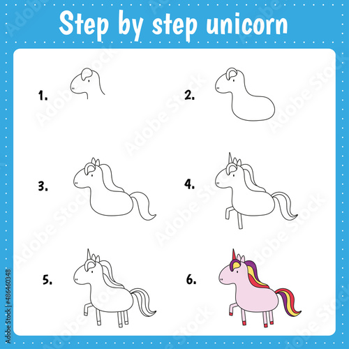 Drawing lesson for children. How draw a unicorn. Drawing tutorial for kids. Step by step repeats the picture. Kids activity art page for book. Vector illustration.