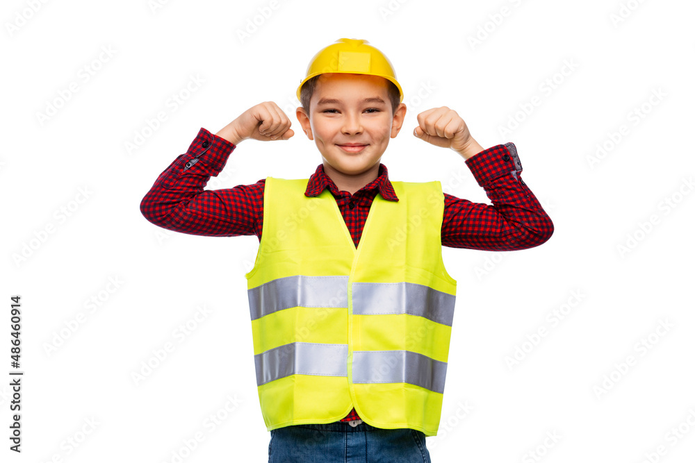 building, construction and profession concept - little boy in protective helmet and safety vest showing power gesture over white background building, construction and profession concept - little boy in protective helmet and safety vest showing power gesture over white background