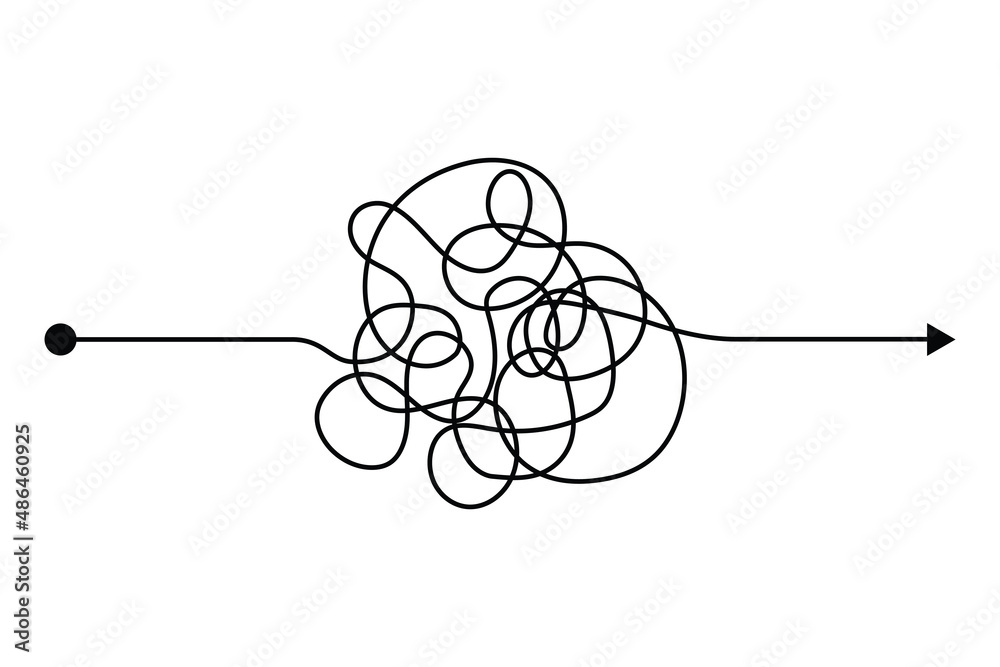 Arrow chaos mindset mess. Doodle knot line concept with freehand scrawl sketch. Vector hand drawn difficult thought process. Tangle path
