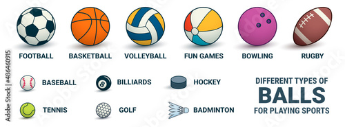 Balls. Vector illustration of different types of balls for sports games: football, volleyball, basketball, rugby. Balls and the sports in which they are used.