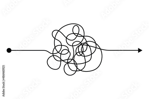 Arrow chaos mindset mess. Doodle knot line concept with freehand scrawl sketch. Vector hand drawn difficult thought process. Tangle path photo