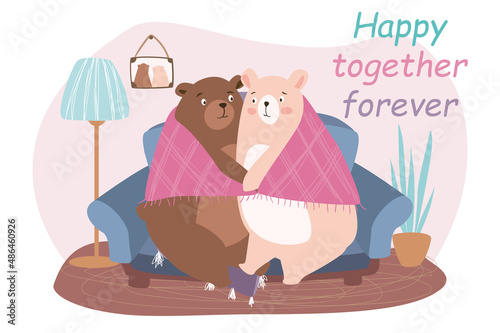 Happy together forever concept background. Cute couple of bears hugging under warm blanket and sitting at sofa. Loving animals have romantic feelings. Vector illustration in flat cartoon design