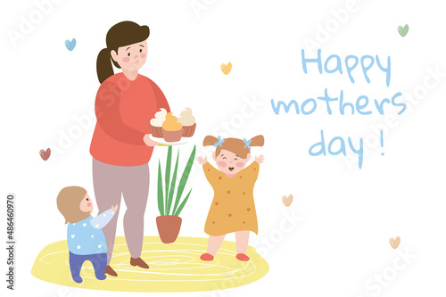Happy Mothers day concept background. Smiling mom holds homemade cupcakes for her daughters  girls congratulate mommy on holiday. Greeting holiday card. Vector illustration in flat cartoon design