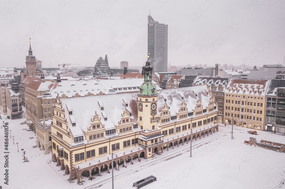 Old City Hall in Winter Snow - Leipzig Saxony Germany - Drone Aerial Shot
