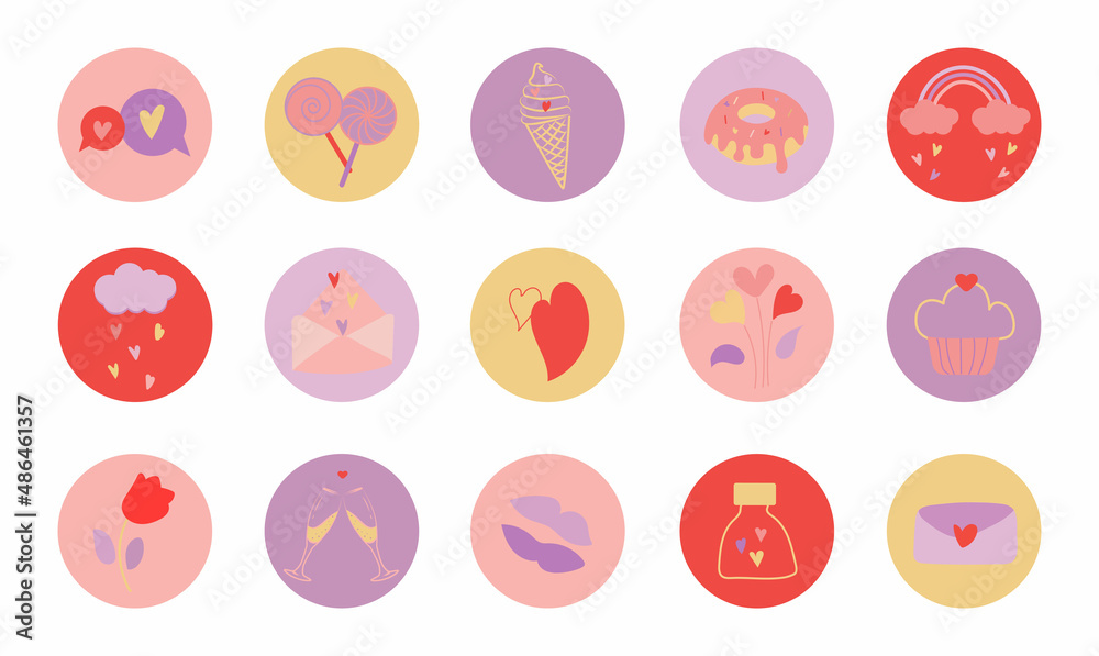 Round stickers for valentine's day. Cute circle badges with a festive theme, love. Suitable for cards, flyers, fashion prints, banners, social media. Romantic labels badges. Vector flat illustration Round stickers for valentine's day. Cute circle badges with a festive theme, love. Suitable for cards, flyers, fashion prints, banners, social media. Romantic labels badges. Vector flat illustration