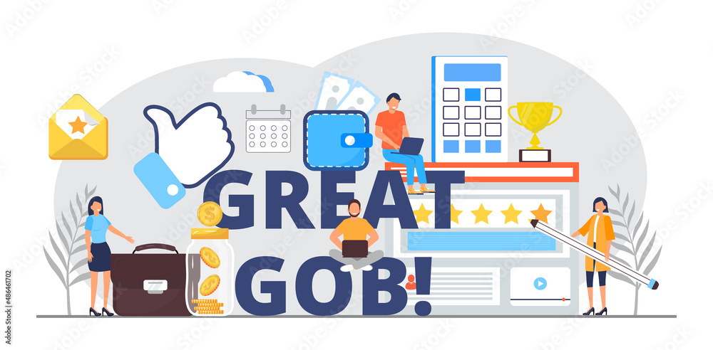 Now hiring, great gob vector illustration. Startup, gob interview online concept with tiny people, big letters. Now hiring, great gob vector illustration. Startup, gob interview online concept with tiny people, big letters.