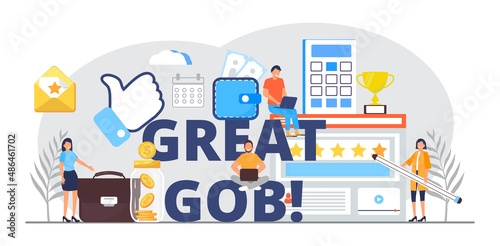 Now hiring, great gob vector illustration. Startup, gob interview online concept with tiny people, big letters. photo
