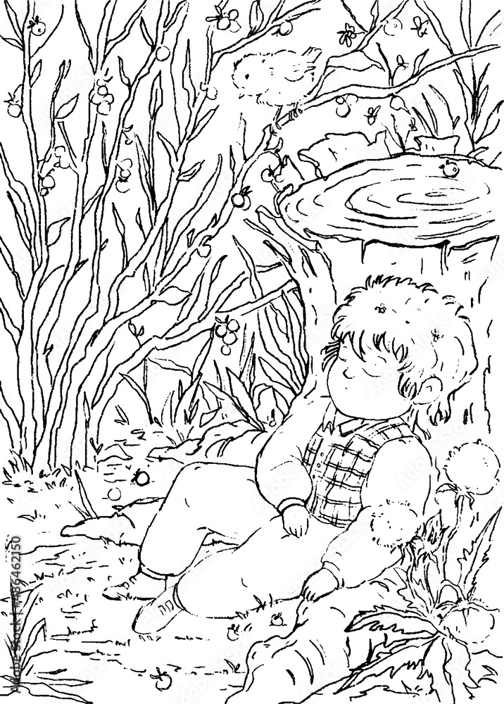 Obraz premium Little boy sleeps near a stump and bushes with berries. Sweet children's sleep in nature. Black and white vector illustration