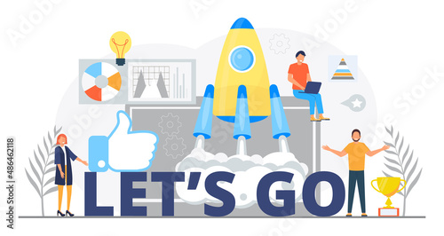 Let is go concept vector for web, homepage. Stratup metaphor with tiny people,winner prize