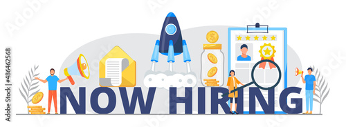 Now hiring, great gob vector illustration. Startup, gob interview online concept with tiny people, big letters.