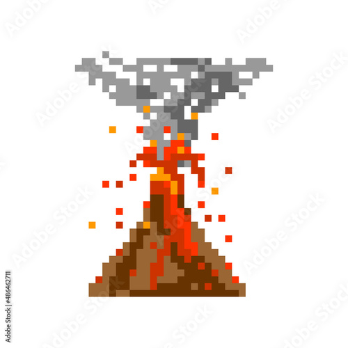 Volcano eruption pixel art illustration, Stratovolcano cone spewing hot lava ash cloud, Volcano explosion red magma flows down isolated on white background pictogram game graphic element
