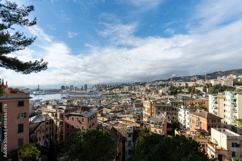 Genoa, Italy - November 2021: Genoa cityscape as seen from Spianata Castelletto.