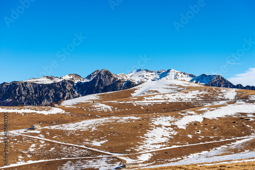 Mountain peak of Monte Carega (small Dolomites) from Lessinia Plateau Regional Natural Park (Altopiano della Lessinia). Bosco Chiesanuova municipality, Verona province, Veneto, Italy, southern Europe.