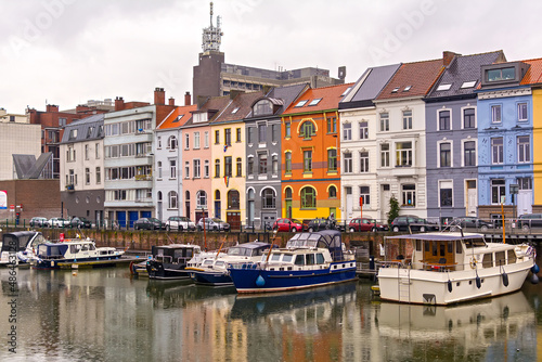 Houses and boats along the Leie river, Ghent, Belgium