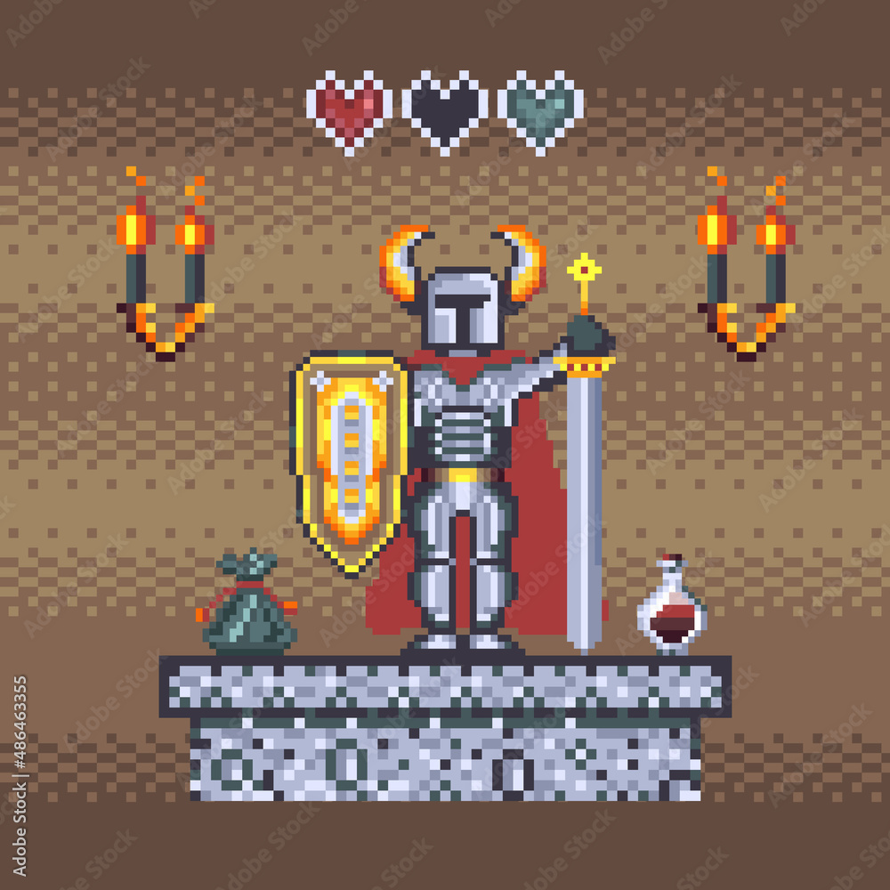 Pixel Art Medieval Knight in Dungeons Scene Stock Vector | Adobe Stock