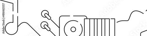 Music related horizontal banner or bottom border template background. Flat line vector illustration isolated on white.