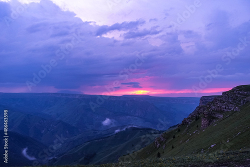 Sunset on the Bermamyt plateau in the Karachay-Cherkess Republic  Russia. Elbrus.