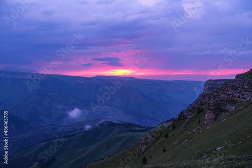 Sunset on the Bermamyt plateau in the Karachay-Cherkess Republic, Russia. Elbrus.