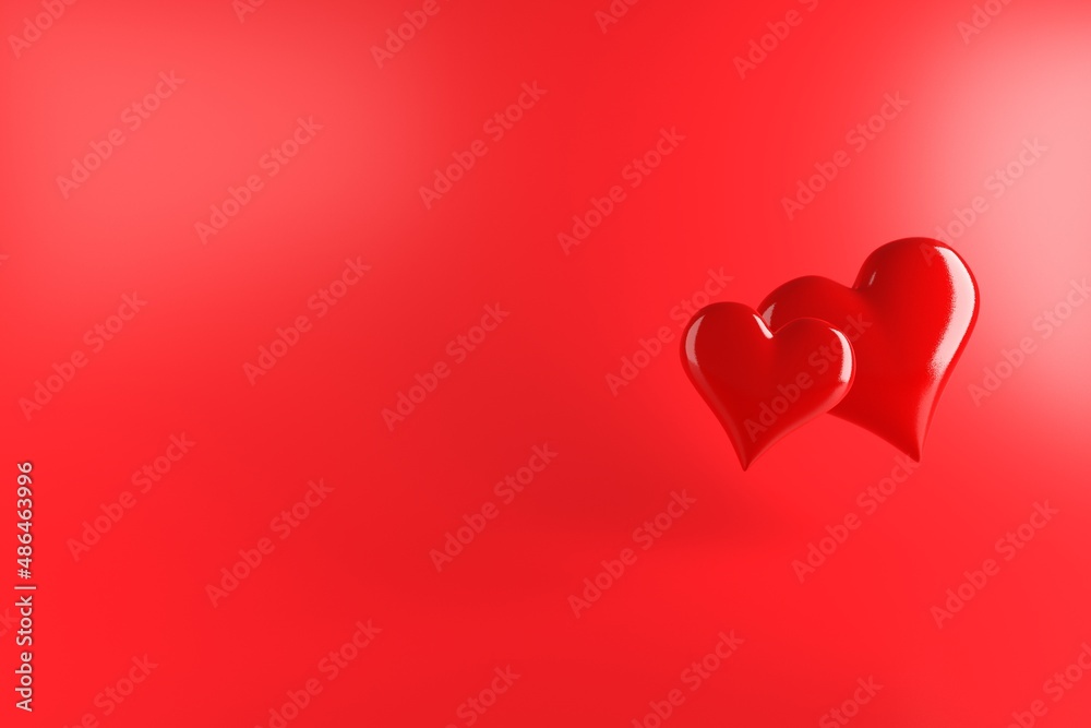 Postcard template for Valentine's Day, wedding or Women's Day. Two dark red hearts with a rough surface on a red background and empty space for text. The concept of romantic relationships. 3D render