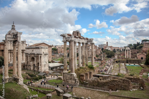 View from the Capitol to the Imperial Forums, the ruins of the Basilica of Julius and the temple of Saturn and the arch of Septimius Severus. Rome, Italy