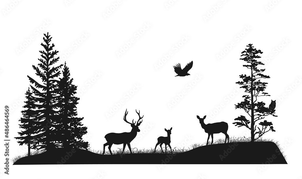 Set of silhouettes of trees and wild forest animals. Deer, fawn, doe, owl, bird of pray. Black and white hand drawn illustration. Set of silhouettes of trees and wild forest animals. Deer, fawn, doe, owl, bird of pray. Black and white hand drawn illustration.