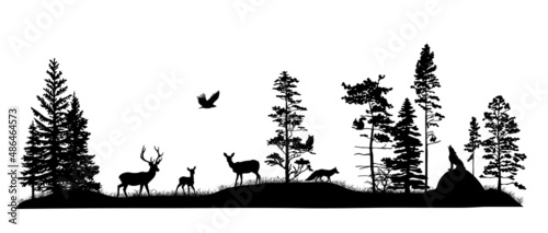 Photographie Set of silhouettes of trees and wild forest animals