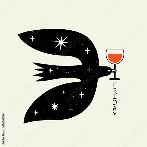 Vector illustration with flying bird with glass of red wine and lettering word Friday. Funny party print design, home and bar wall decoration typography poster with abstract doodle lines
