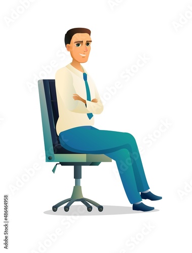 Successful businessman sitting on an office chair. Guy in shirt and tie. Male figure. Cheerful person character boy. Cartoon funny style illustration. Isolated on white background. Vector