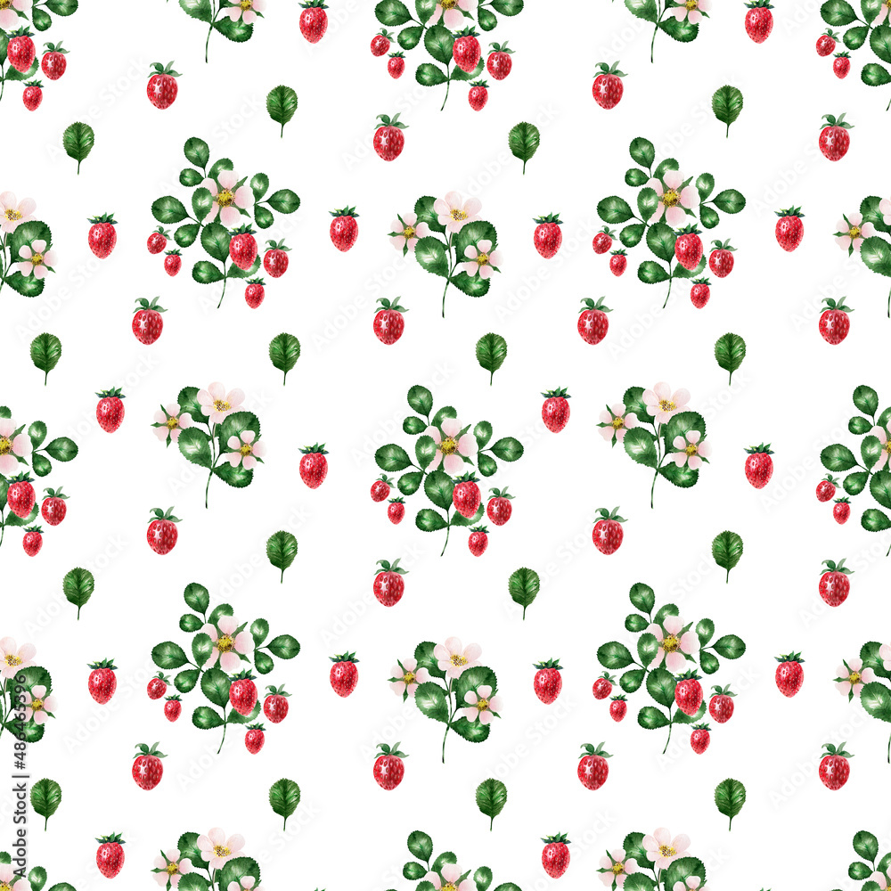 Watercolor seamless pattern with leaves and twigs ripe strawberries Watercolor seamless pattern with leaves and twigs ripe strawberries