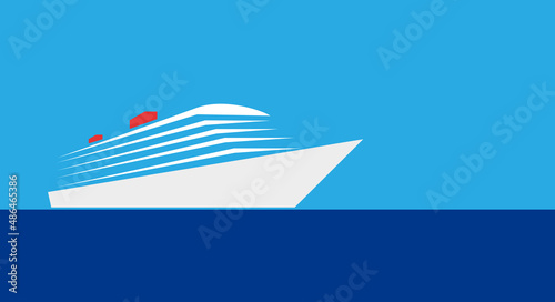 White cruise ship on calm sea. Vector illustration. Simple background with copy space.