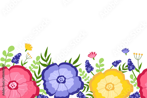 Seamless border of different colorful flowers hand drawn style vector floral illustration isolated on white background. Backdrop for wallpaper, textile, fabric, wrapping