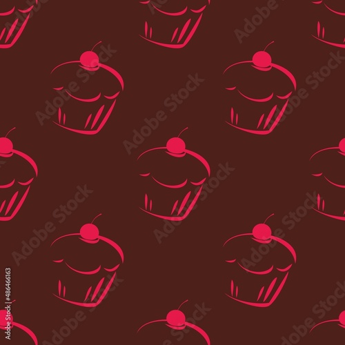 Seamless dark vector pattern or tile texture with pink cupcakes, sweet cherry cake on black background