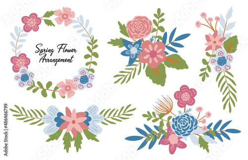 a set of hand drawn spring flowers arrangement and wreath clip art