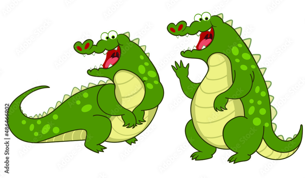 Fototapeta premium Happy and kind crocodiles lie and wave. Funny cartoon crocodiles isolated on a white background. Children's illustration.