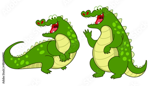 Happy and kind crocodiles lie and wave. Funny cartoon crocodiles isolated on a white background.  Children's illustration.