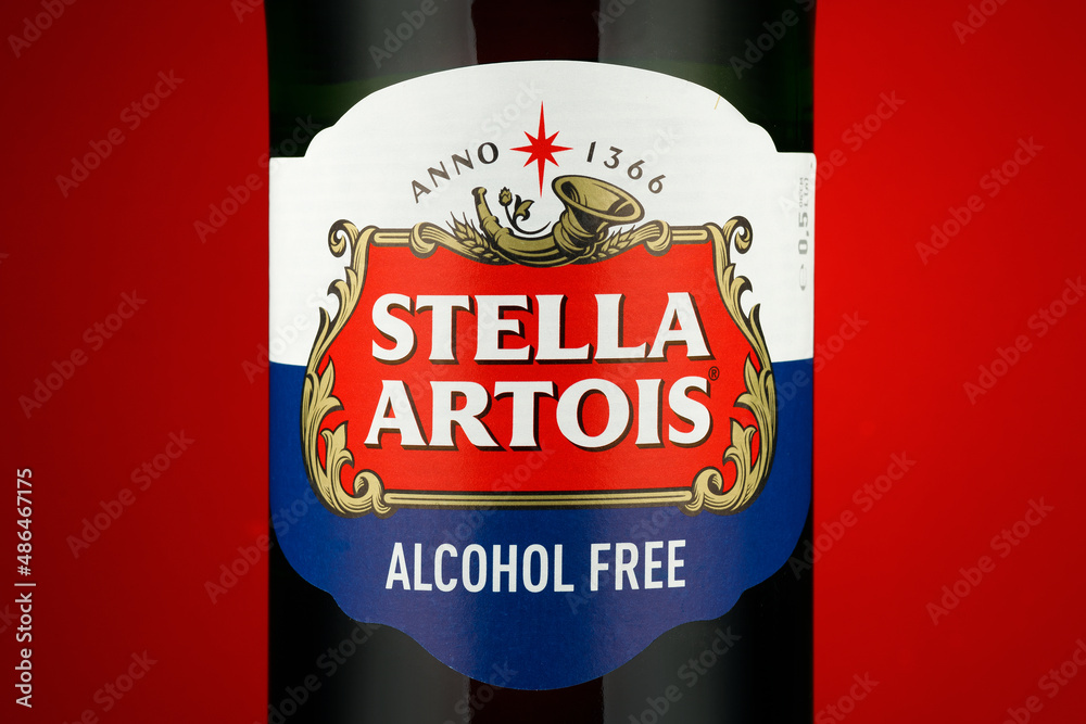 LVIV, UKRAINE February 02, 2022 Stella Artois nonalcoholic beer