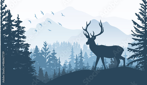 Horizontal banner. Silhouette of deer standing on grass hill. Mountains and forest in the background. Magical misty landscape, trees, animal. Blue illustration, bookmark.  © Anna