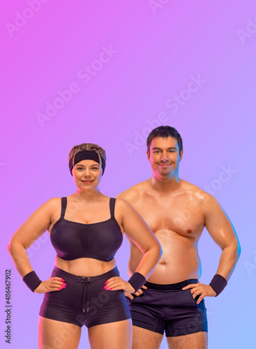 Fat man and woman in gym. Body positive and fitness concept.