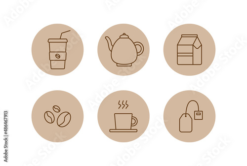 coffee and tea icons set. mono line icons of drinks in brown circle. icons for coffee shop and tea party