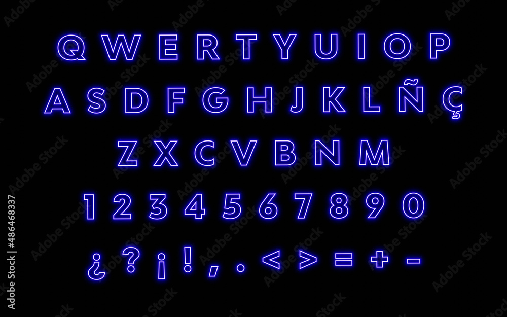 Blue Neon typography of spanish letters, QWERTY latin alphabet, illuminated sign of neon letter composition. 3D ilustration of liquid words