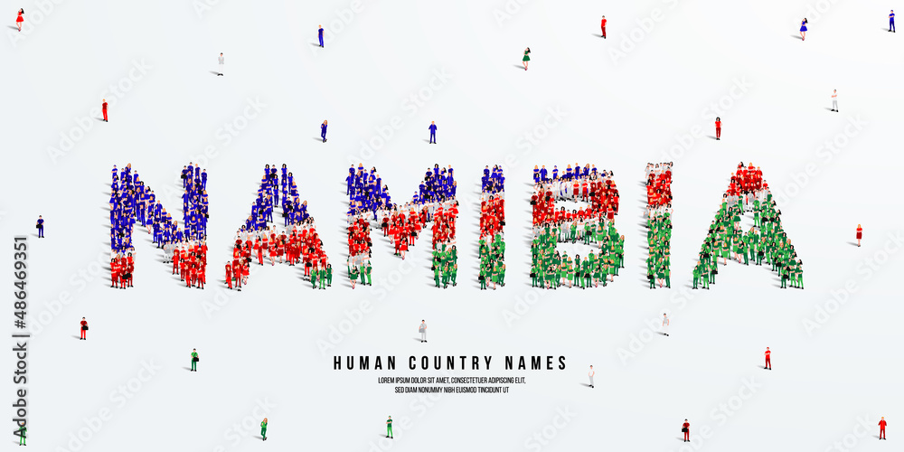 Obraz premium A large group of people stands, making up the word Namibia. Namibia flag made from people crowd. Vector illustration isolated on white background.