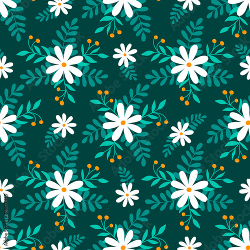 Seamless vector pattern with White chamomiles, green leaves, twigs with orange berries on a dark green background. Illustration in flat style.